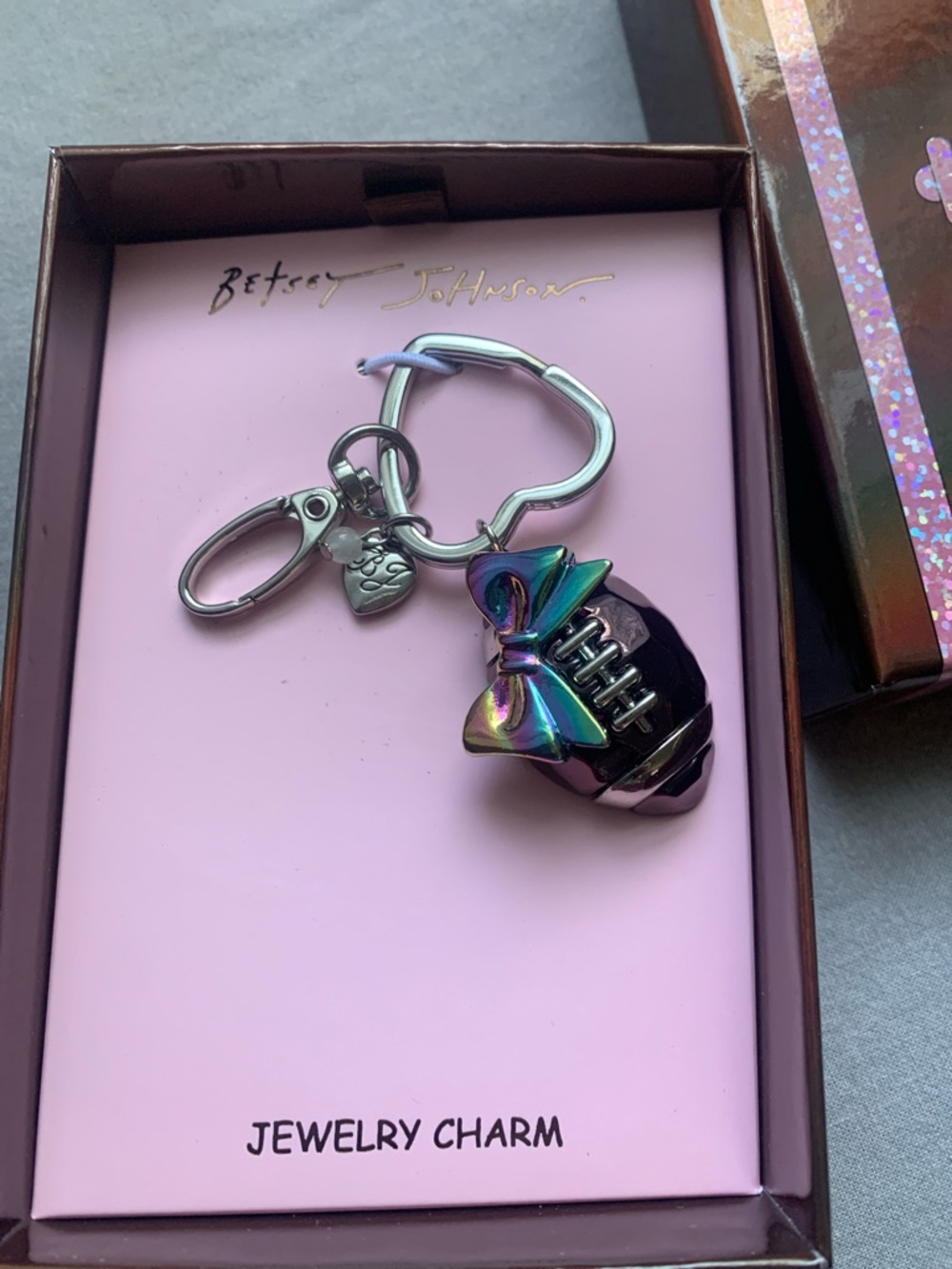 🆕- Betsey Johnson Iridescent Purple Football Charm Keychain with Bow